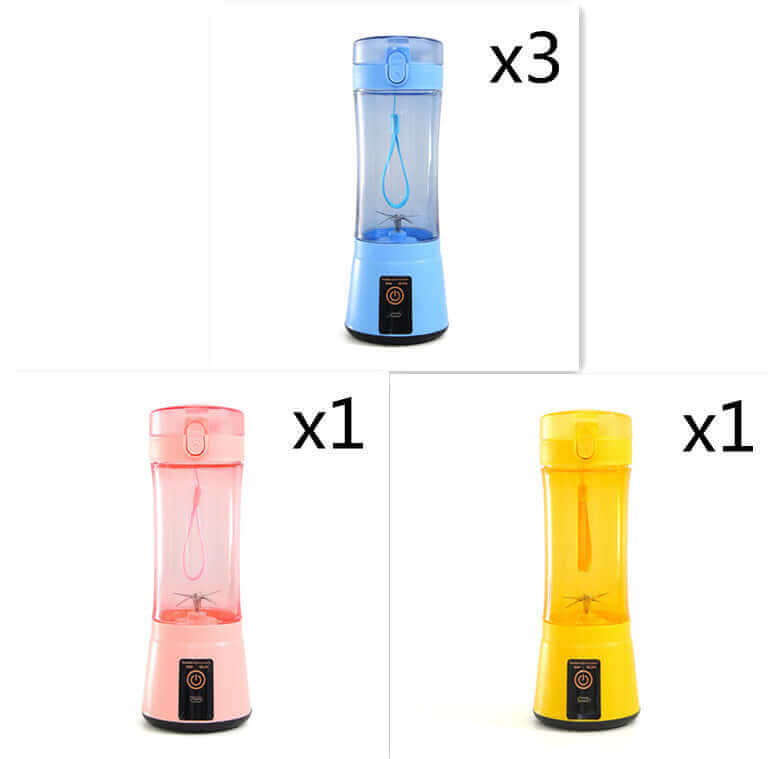 Portable electric fruit juicer available in blue, pink, and yellow; USB rechargeable mini blender for smoothies.