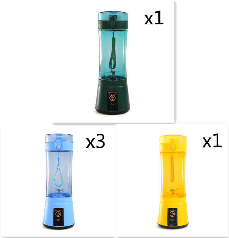 Set of portable electric fruit juicers in teal, blue, and yellow with USB rechargeability and multifunctional use.