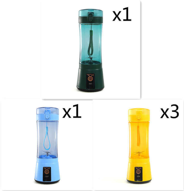Portable electric fruit juicer in blue, black, and yellow colors, showcasing USB rechargeable mini blender design.