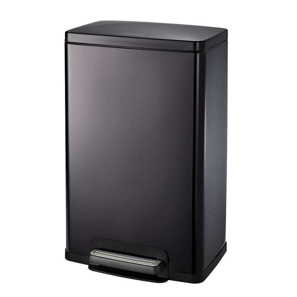 Stylish stainless steel 13-gallon kitchen trash can with step lid in charcoal black grey finish.