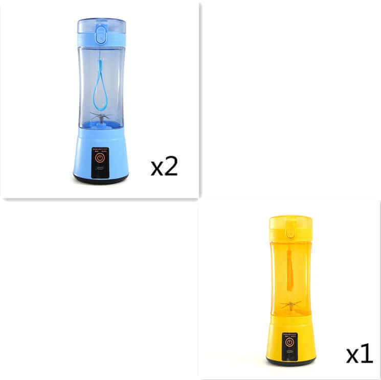 Portable electric fruit juicer in blue and yellow colors, ideal for smoothies and shakes, USB rechargeable and multifunctional.