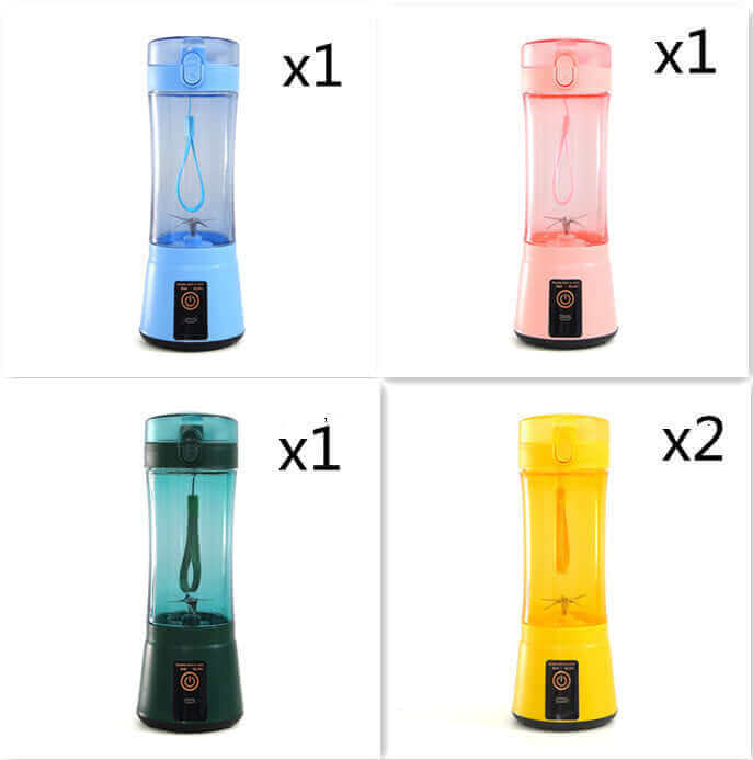 Variety of portable electric fruit juicers in blue, pink, green, and yellow colors, perfect for smoothies and shakes.