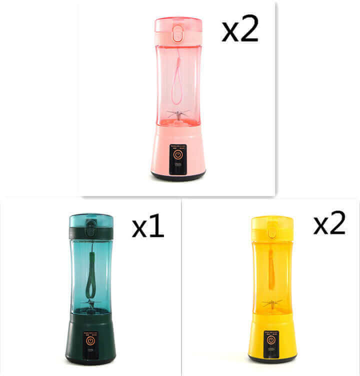 Portable electric fruit juicer in pink, teal, and yellow. USB rechargeable mini mixer for smoothies and shakes.