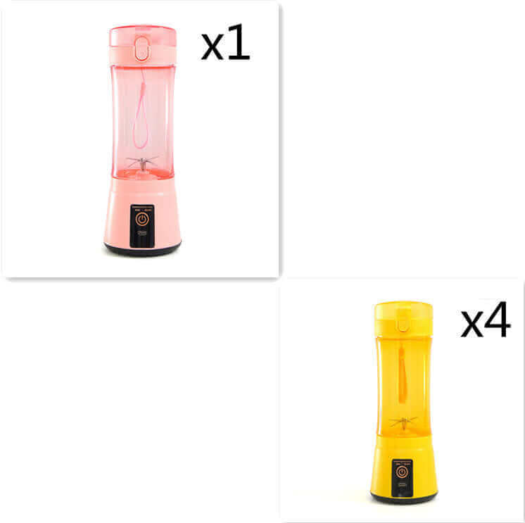 Portable electric fruit juicer in pink and yellow, perfect for smoothies and easy to use in kitchen.