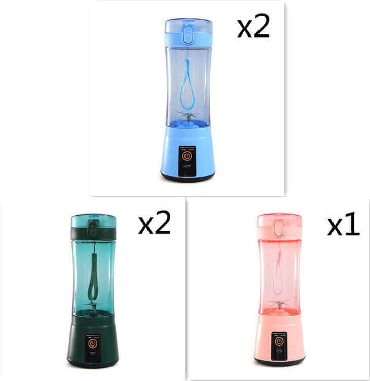 Portable electric fruit juicer in blue, green, and pink; rechargeable mini smoothie blender for kitchen use.