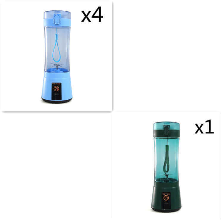 Set of portable electric fruit juicers in blue and turquoise for smoothies and shakes, featuring a USB rechargeable design.