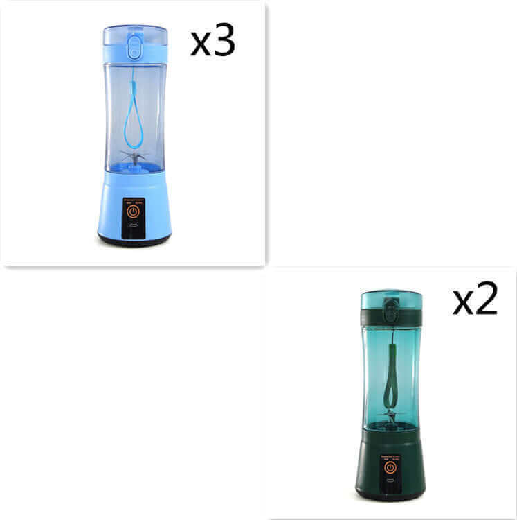 Portable electric fruit juicer in blue and green, USB rechargeable mini mixer for smoothies and shakes.