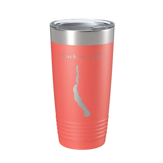 Kachess Lake insulated travel mug, 20 oz with laser engraved map design, double-wall vacuum insulated, coral color.