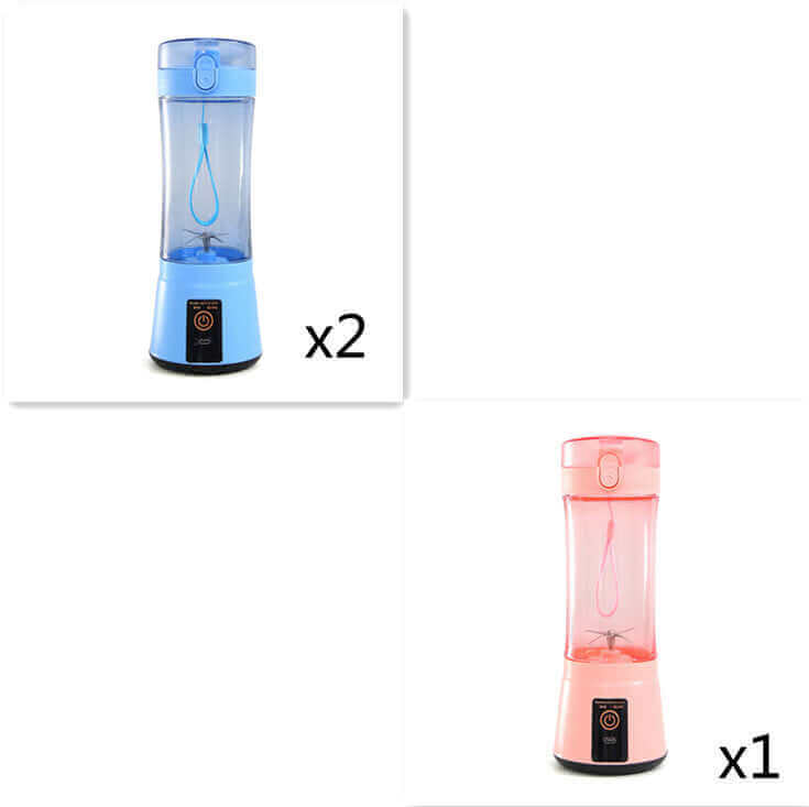 Portable electric fruit juicer in blue and pink, USB rechargeable mini mixer for smoothies.