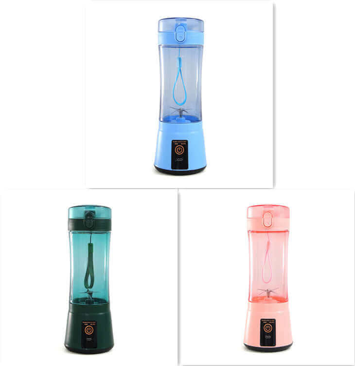 Portable electric fruit juicer in blue, green, and pink; wireless USB rechargeable mini mixer for smoothies.