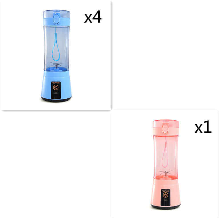 Portable electric fruit juicer in blue and pink color, showcasing USB rechargeable mini blender for smoothies.