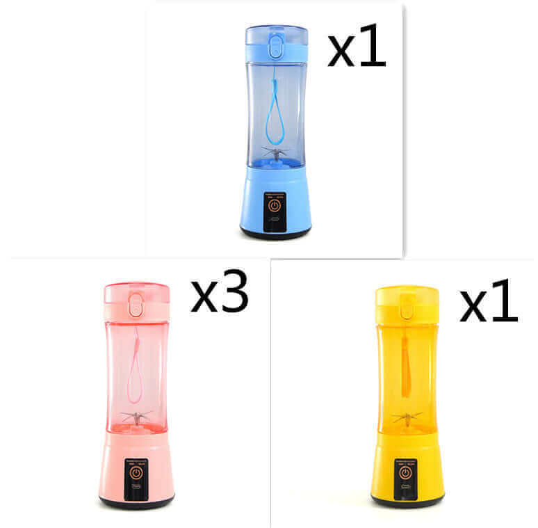 Portable electric fruit juicer in blue, pink, and yellow. Ideal for smoothies and shakes, USB rechargeable.