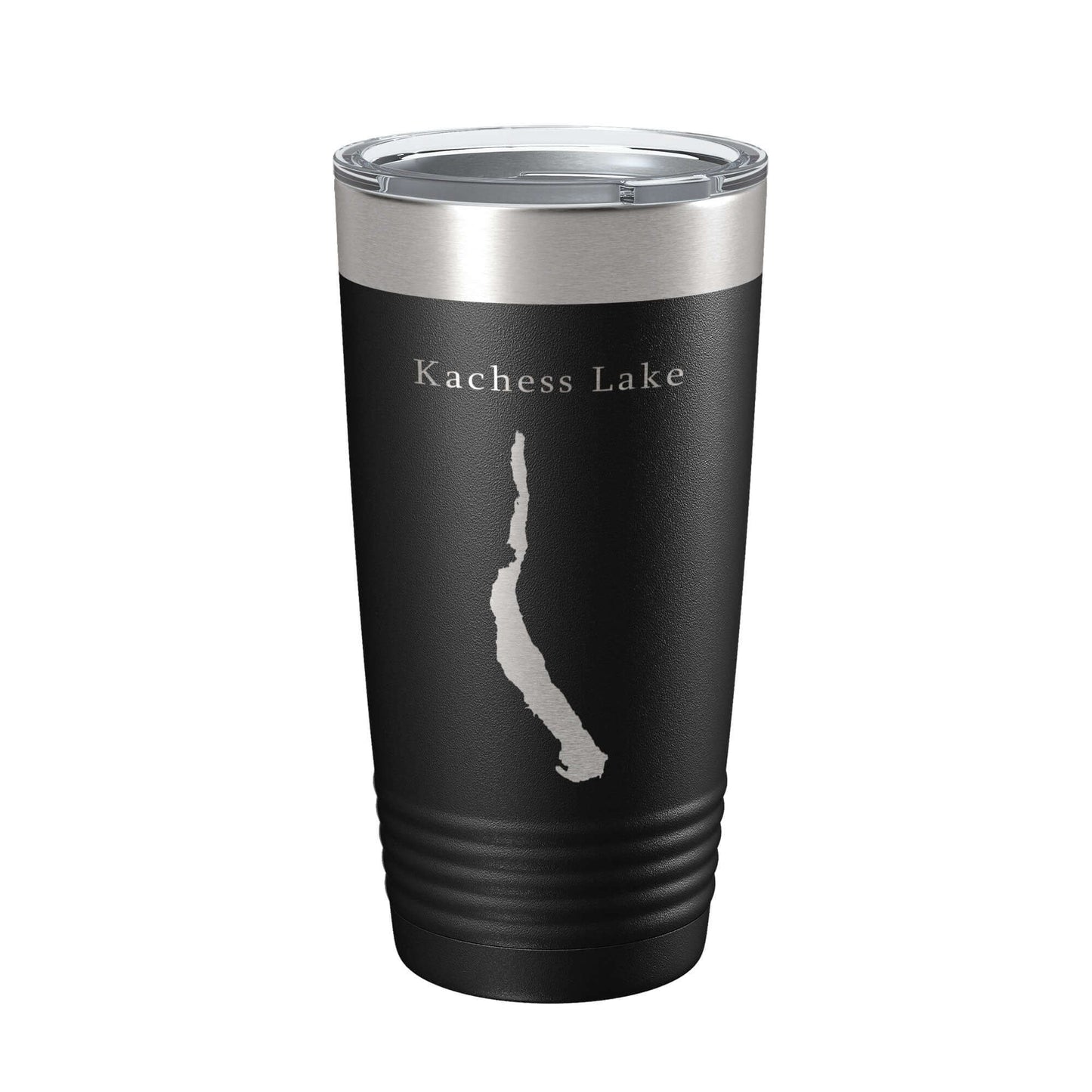 Kachess Lake map tumbler travel mug, insulated, laser engraved, 20 oz coffee cup in black.