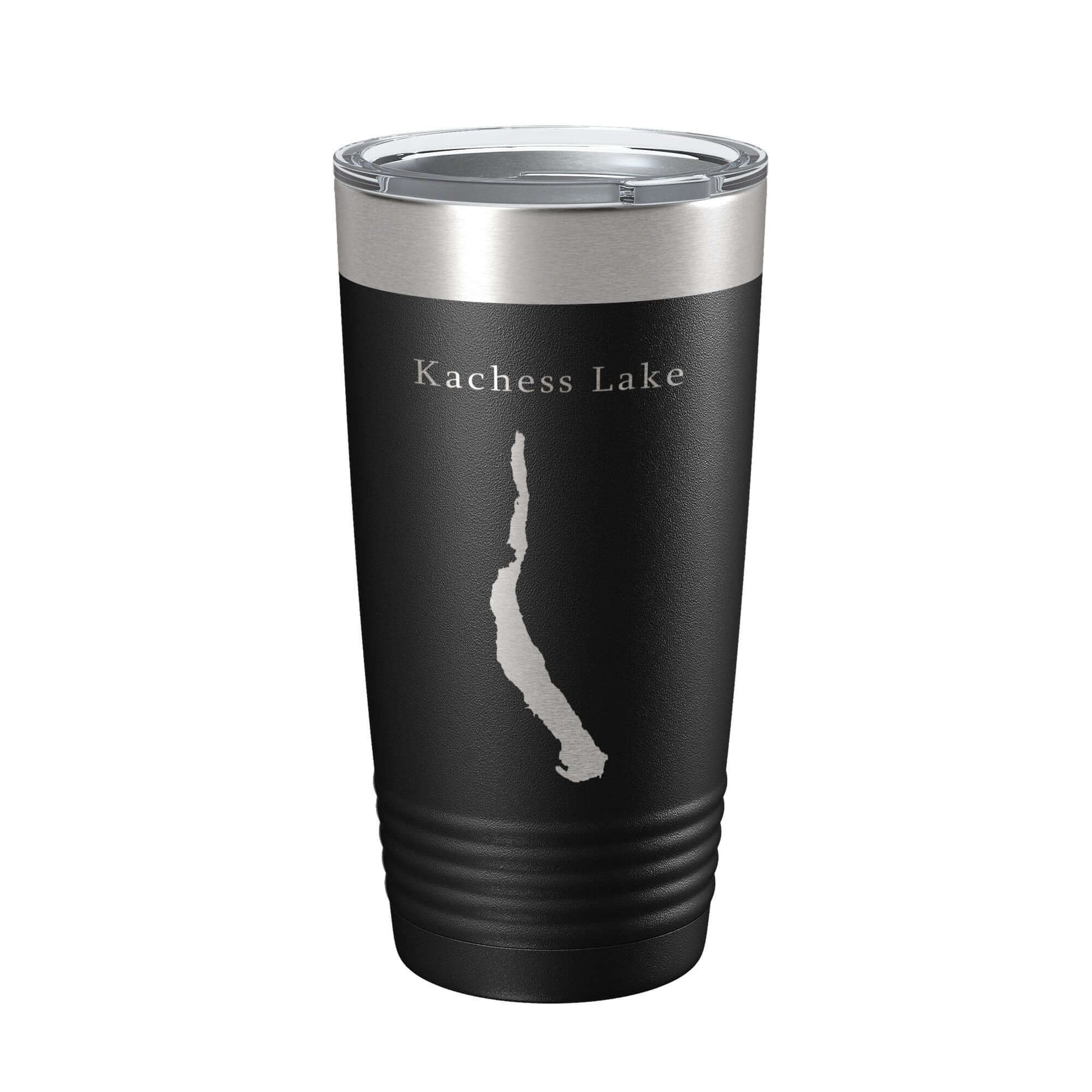Kachess Lake map tumbler travel mug, insulated, laser engraved, 20 oz coffee cup in black.