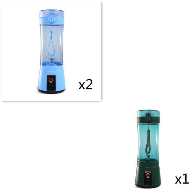Portable electric fruit juicer in blue and green, showcasing USB rechargeable mini mixer for smoothies and juices.