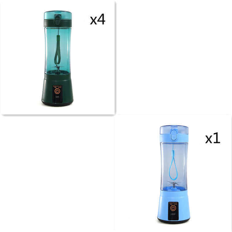 Portable electric fruit juicer in green and blue colors, showcasing USB rechargeable mini mixer for smoothies.