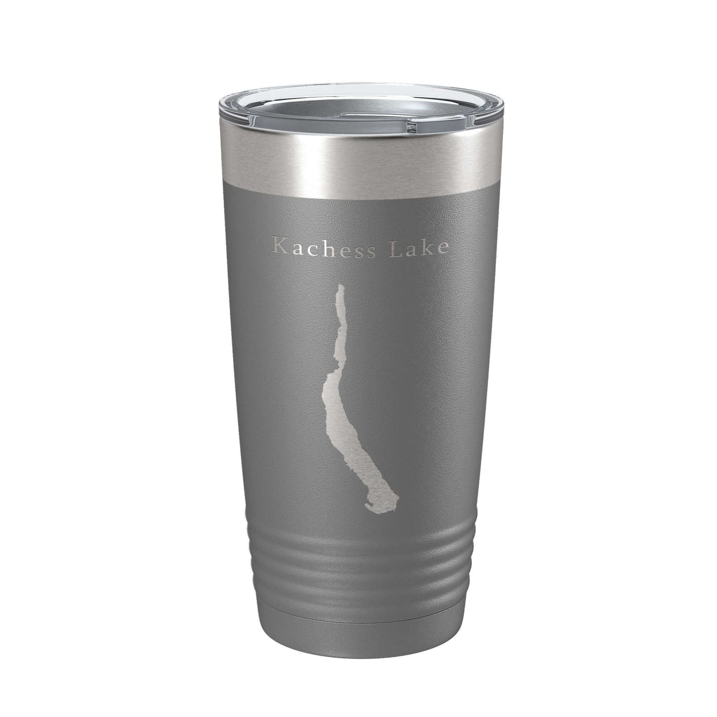 Kachess Lake map tumbler in stainless steel, insulated travel mug with laser etching, 20 oz capacity.