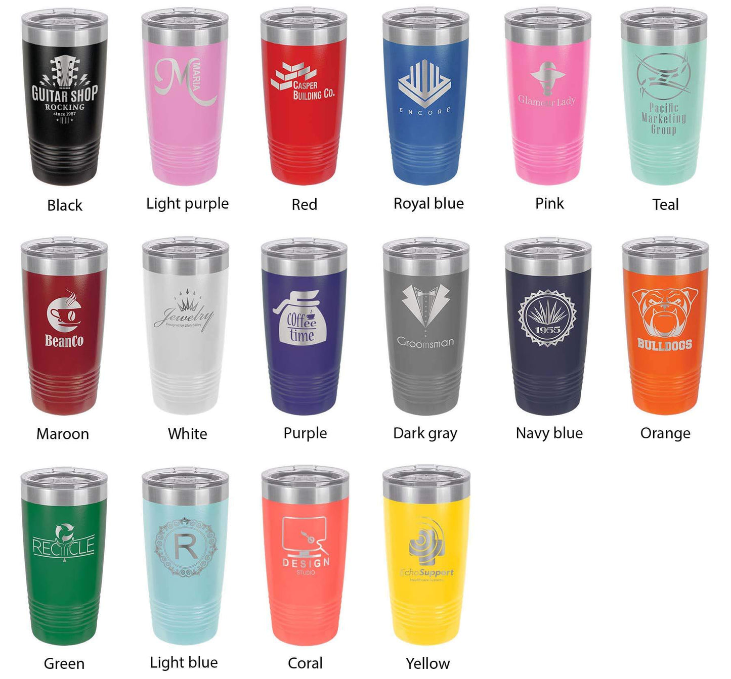 Collection of colorful insulated tumblers, including black, purple, red, and teal, designed for travel and everyday use.