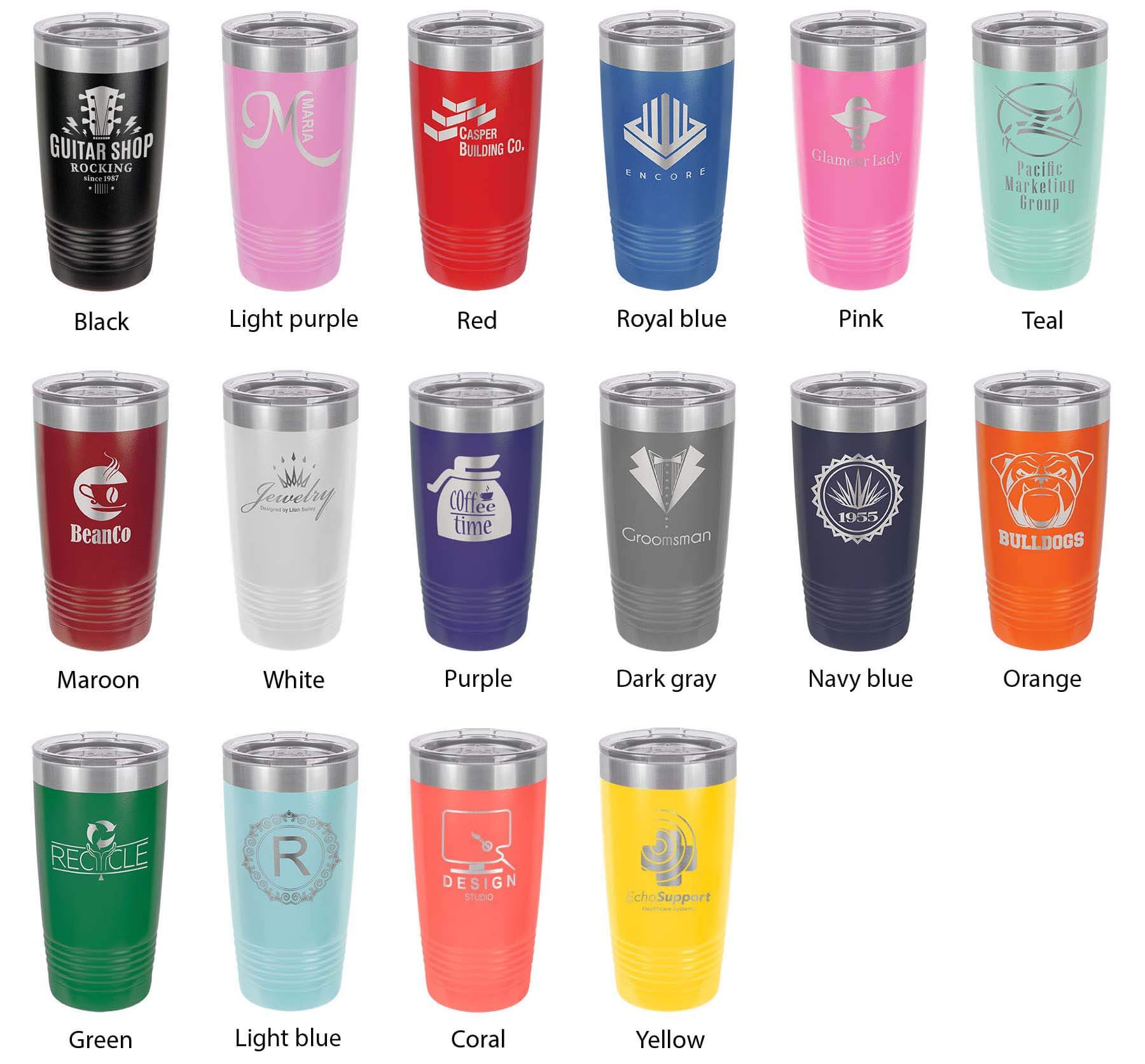 Collection of colorful insulated tumblers, including black, purple, red, and teal, designed for travel and everyday use.