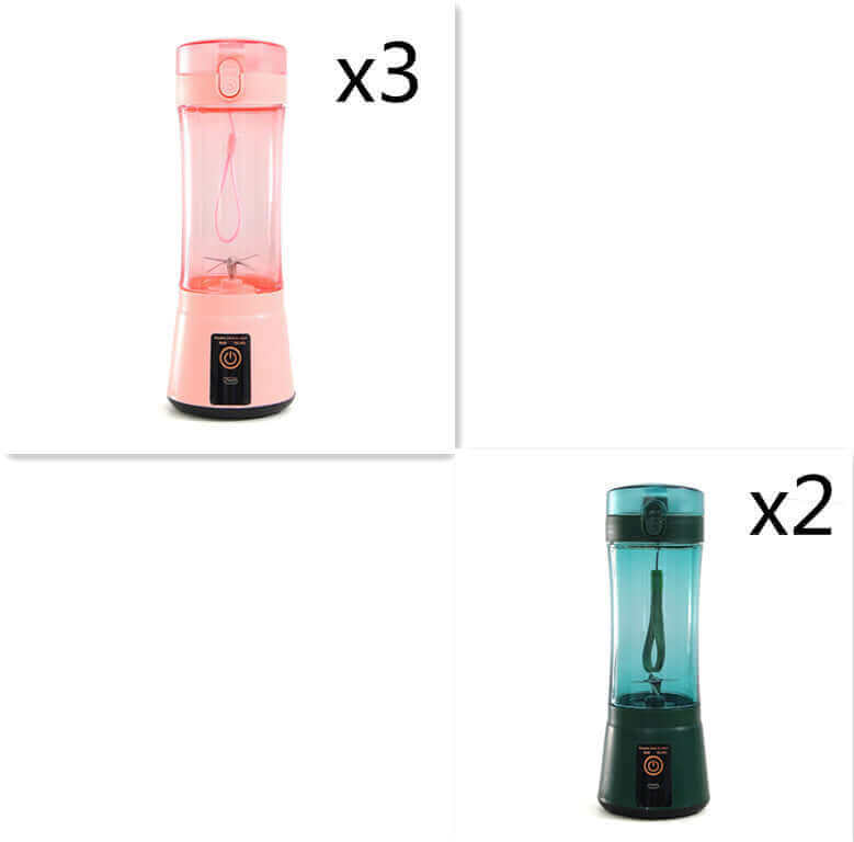 Colorful portable electric fruit juicers in pink and teal, perfect for smoothies and shakes.
