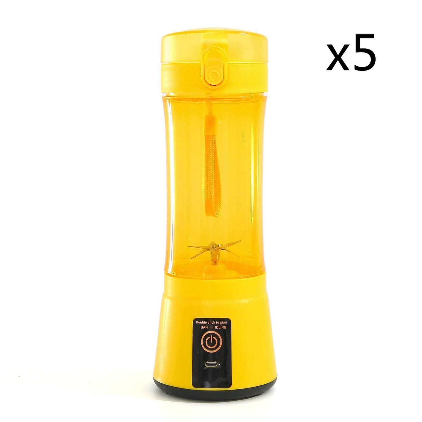 Portable electric fruit juicer in bright yellow, USB rechargeable for smoothies and shakes, perfect for summer.