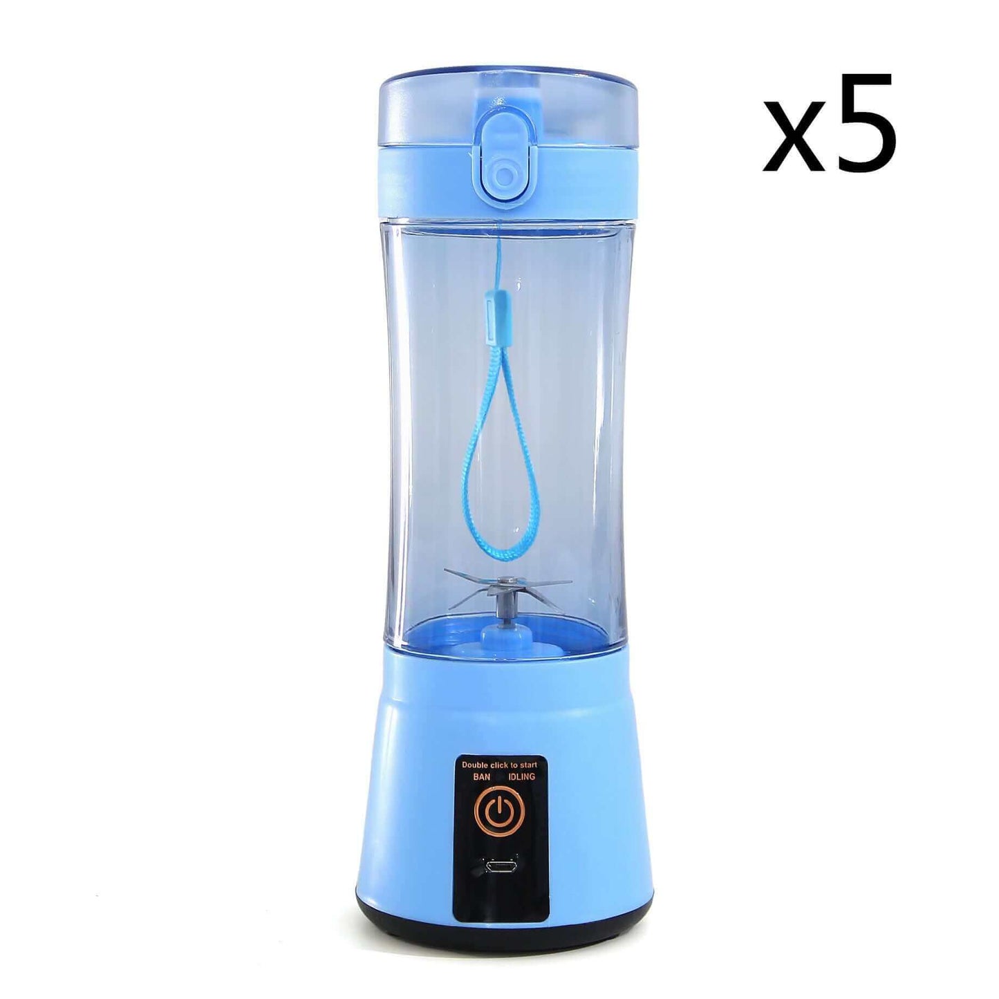 Portable electric fruit juicer in blue, USB rechargeable mini mixer, perfect for smoothies and easy maintenance.