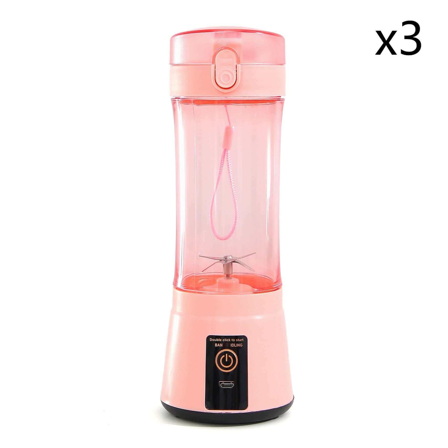 Portable electric fruit juicer in pink, USB rechargeable, perfect for smoothies and easy to clean.