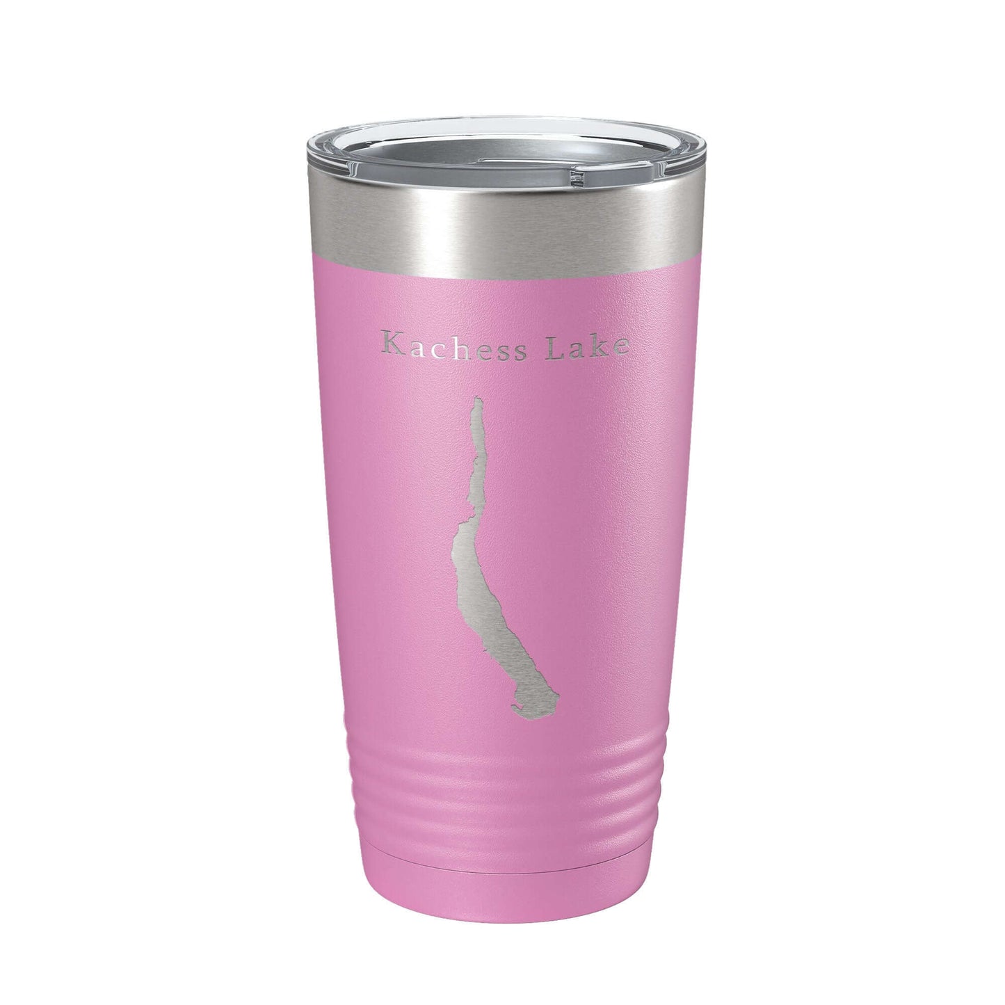 Kachess Lake map tumbler travel mug in pink, insulated 20 oz with laser engraved design, double-wall vacuum insulation.