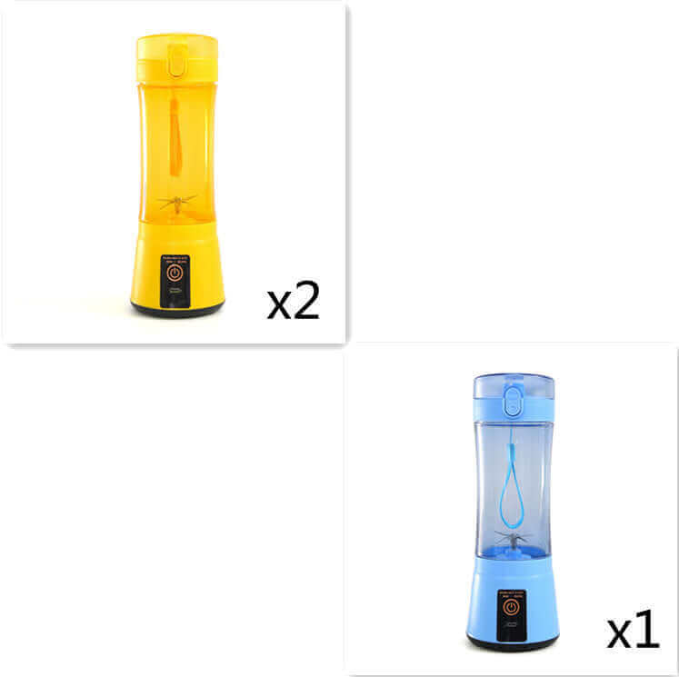 Portable electric fruit juicer in yellow and blue, showcasing two yellow units and one blue unit for smoothies and shakes.