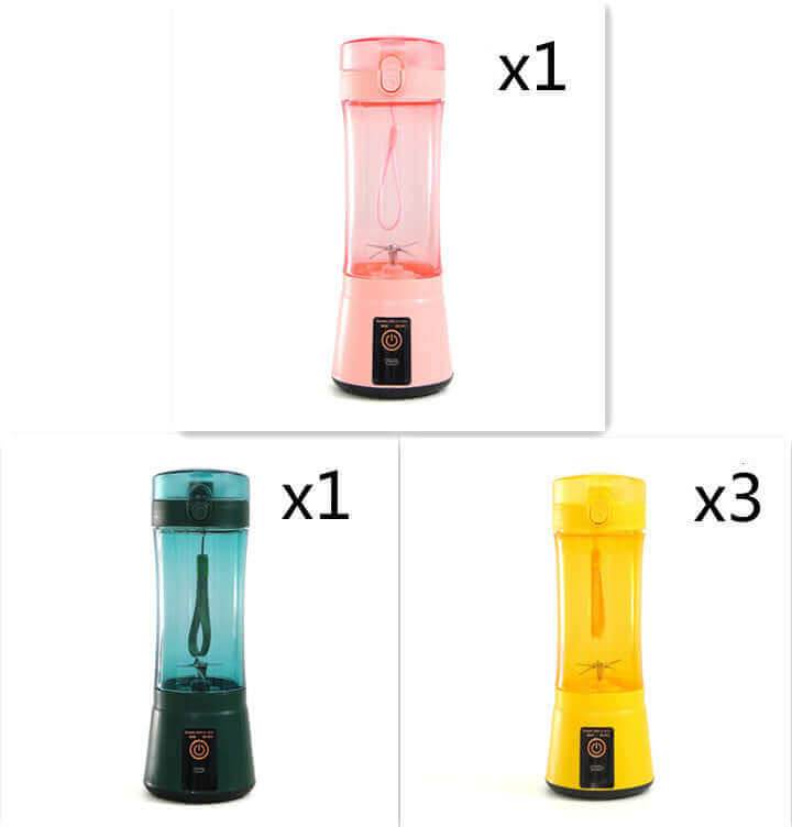 Portable electric fruit juicer in pink, teal, and yellow. USB rechargeable mini blender for smoothies and shakes.