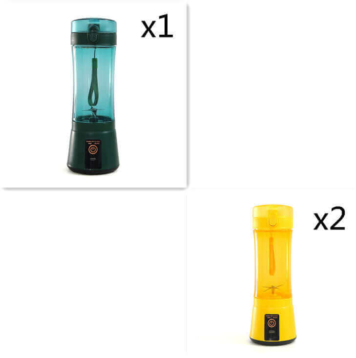 Portable electric fruit juicer in black and yellow, showcasing multifunction smoothie blender design for kitchen use.