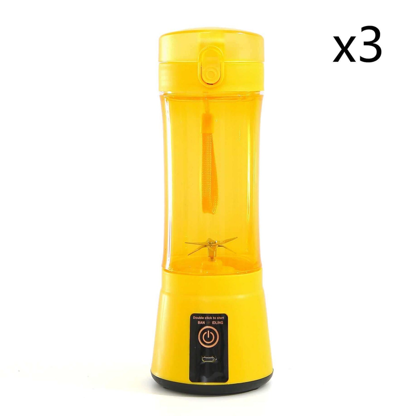 Portable electric fruit juicer in bright yellow, ideal for smoothies and shakes, USB rechargeable mini mixer.