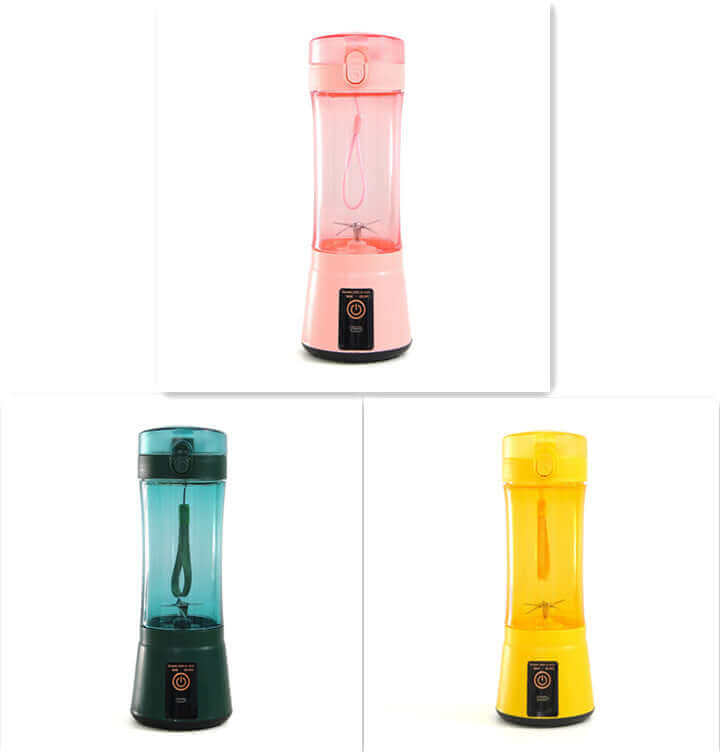 Portable electric fruit juicer in pink, green, and yellow colors for smoothies and shakes, USB rechargeable.