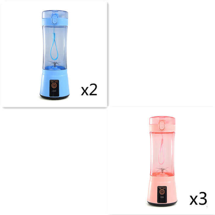 Portable electric fruit juicer in blue and pink colors, ideal for smoothies and shakes, USB rechargeable design.