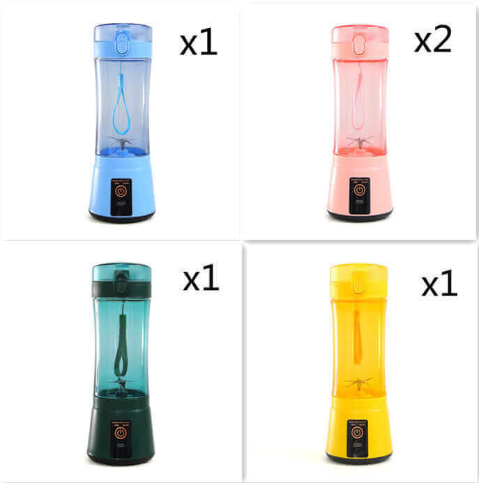 Portable electric fruit juicer in blue, pink, green, and yellow, showing multifunction design for smoothies and shakes.