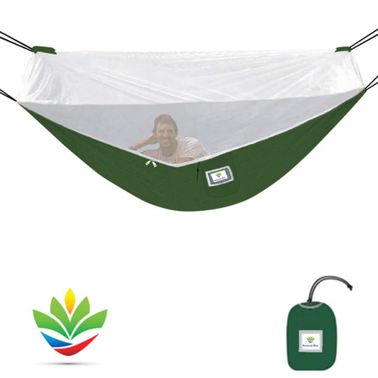 Mosquito Free Hammock with white netting and green base, offering a comfortable pest-free lounging experience.